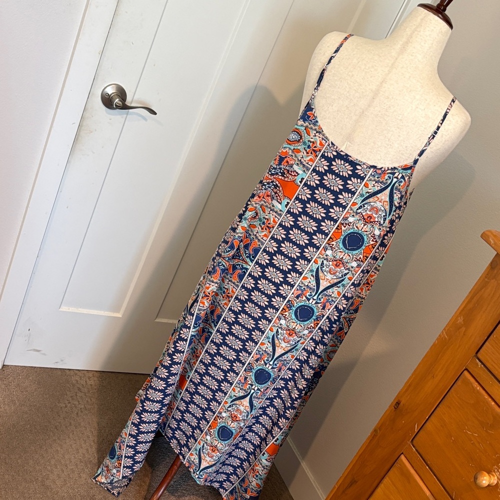 Boho Navy and Orange Floral Maxi Dress with Spaghetti Straps - Picture 3 of 7